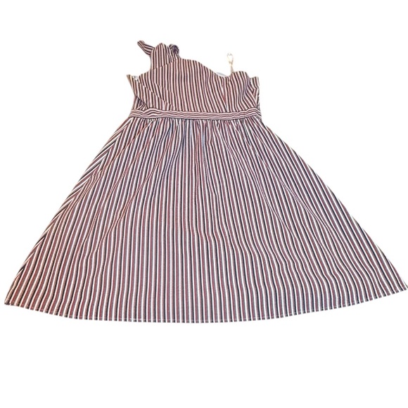 LOFT One Shoulder Summer Dress Red Blue gray white  seersucker nautical Stripe 8 - Picture 3 of 9